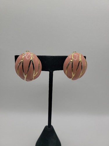 Vintage Pink Enamel Gold Tone Clip On Earrings 80s Statement Jewelry Classic - Image 1
