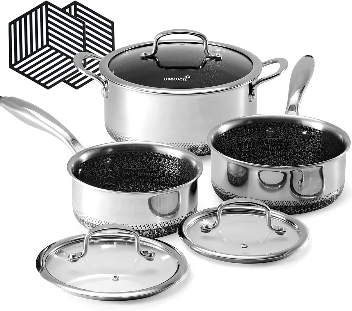 Hybrid Nonstick 6-Piece Pot Set with 2 Silicone Trivets, 1.5 QT Saucepan, 2 and