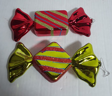 Lot of 2 Large 7 1/2" Christmas Bow Metallic Glittered Hanging Ornaments