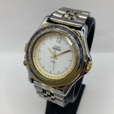 Vintage 80s Timex Indiglo Compass Watch Men 37 mm Silver Tone Not Running 7.5 