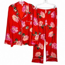 Victoria  s Secret Pajama Set XL Red Floral Satin Button Up Long Sleeve Pants VS