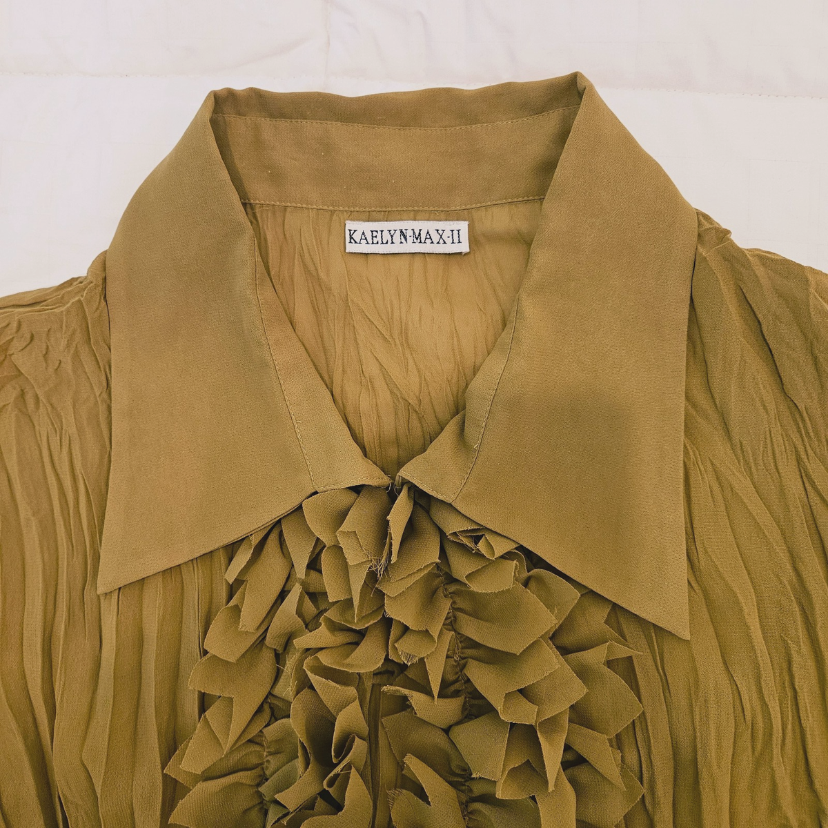 Kaelyn Max II Blouse 2X Olive Ruffle Front Crinkle Sheer Button Up