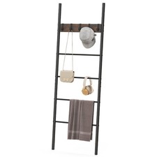 5-Tier Ladder Shelf Wall Leaning Blanket Ladder w/5 Removable Hooks Rustic Brown