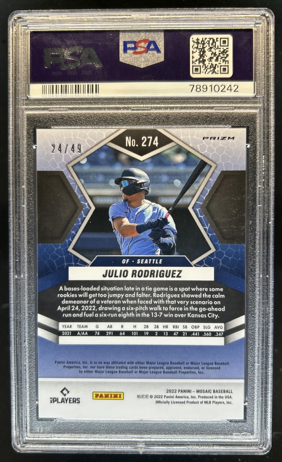 2022 Panini Mosaic Julio Rodriguez Purple Rookie RC #/49 Mariners PSA 10 view 2