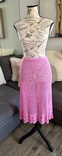 VTG Pink Crochet Midi Skirt Open Knit Scalloped Lace Hem Boho Festival One Size