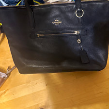 Coach Black Pebbled Tote Zip Bag Gold Hardware Front Zip Pocket Bag Charm