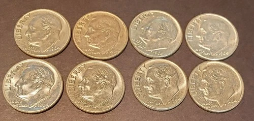 Lot of 8  90% Silver BU Gem  1964 Roosevelt Dimes