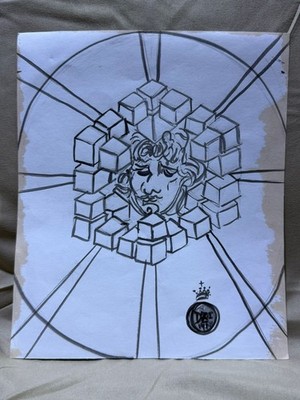 SALVADOR DALI drawing and painting on old paper signed stamped vintage