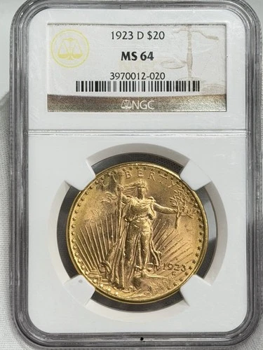 1923-D $20 Saint Gaudens Gold Double Eagle NGC MS64 Denver PRE33 Coin