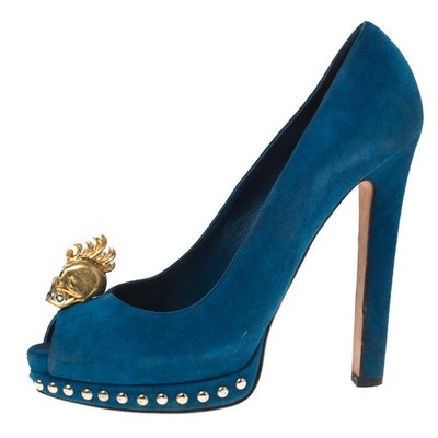 ALEXANDER McQUEEN フラットシューズ　スカル　マックイーン Alexander McQueen Blue Suede Crystal Embellished Skull Peep Toe