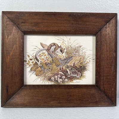 Vintage Miniature Wood Framed Woodland Art Print Squirrel Frog  Mushrooms 6 x5 