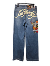Ed Hardy embroidered wide leg high waist jeans 90s stretch moto Size 28 Med VTG