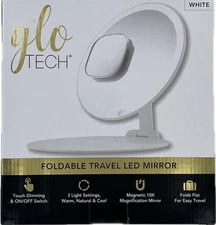 GloTech Foldable Travel LED Mirror, White