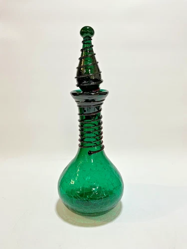 Blenko Art Glass Decanter Vase  Signed Blenko 2002 Stopper Green Red Spiral