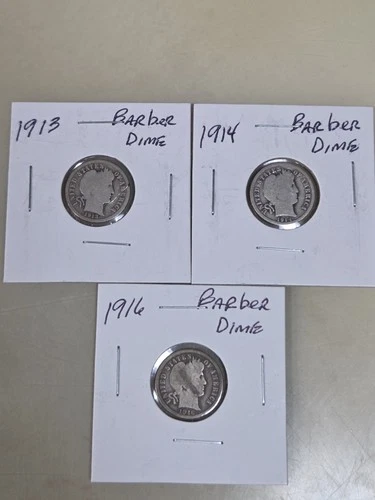 Lot of 3 Silver Barber Dimes  1913 1914 1916. 90% Silver