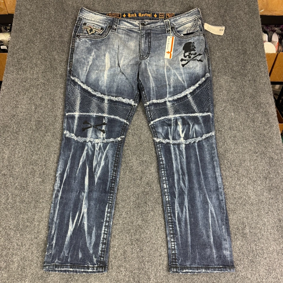 Rock Revival Jeans Montell Biker Skull Mens Size 44X32 Embroidered Blue Denim - Image 2 of 4