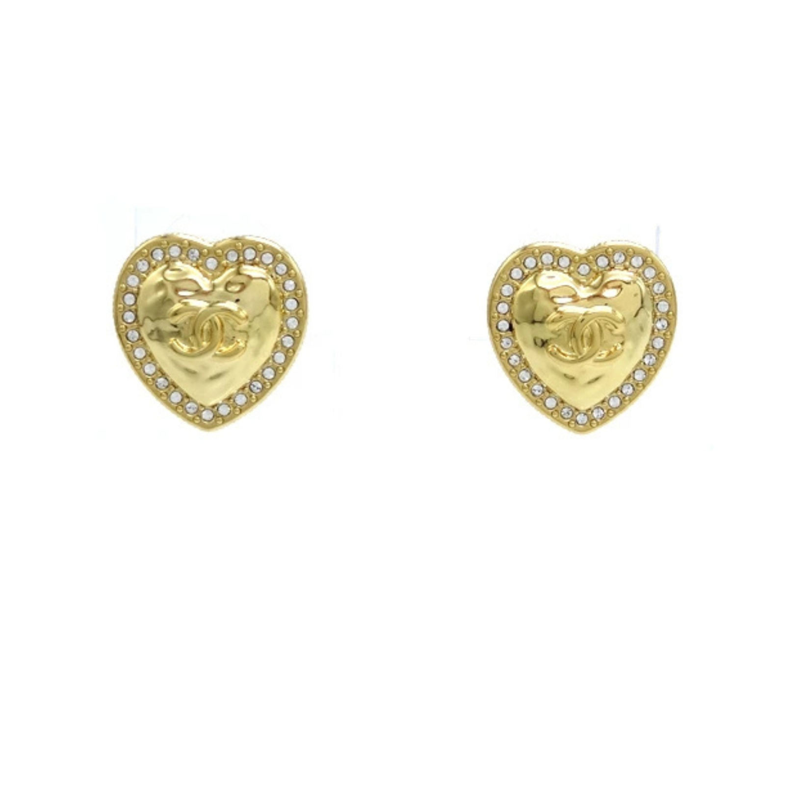 CHANEL Coco Mark Rhinestone Heart Gold Pierced Earrings Authentic