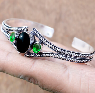 Big Black Onyx & Diopside Gemstone 925 Sterling Silver Bangle Cuff For 1st Time