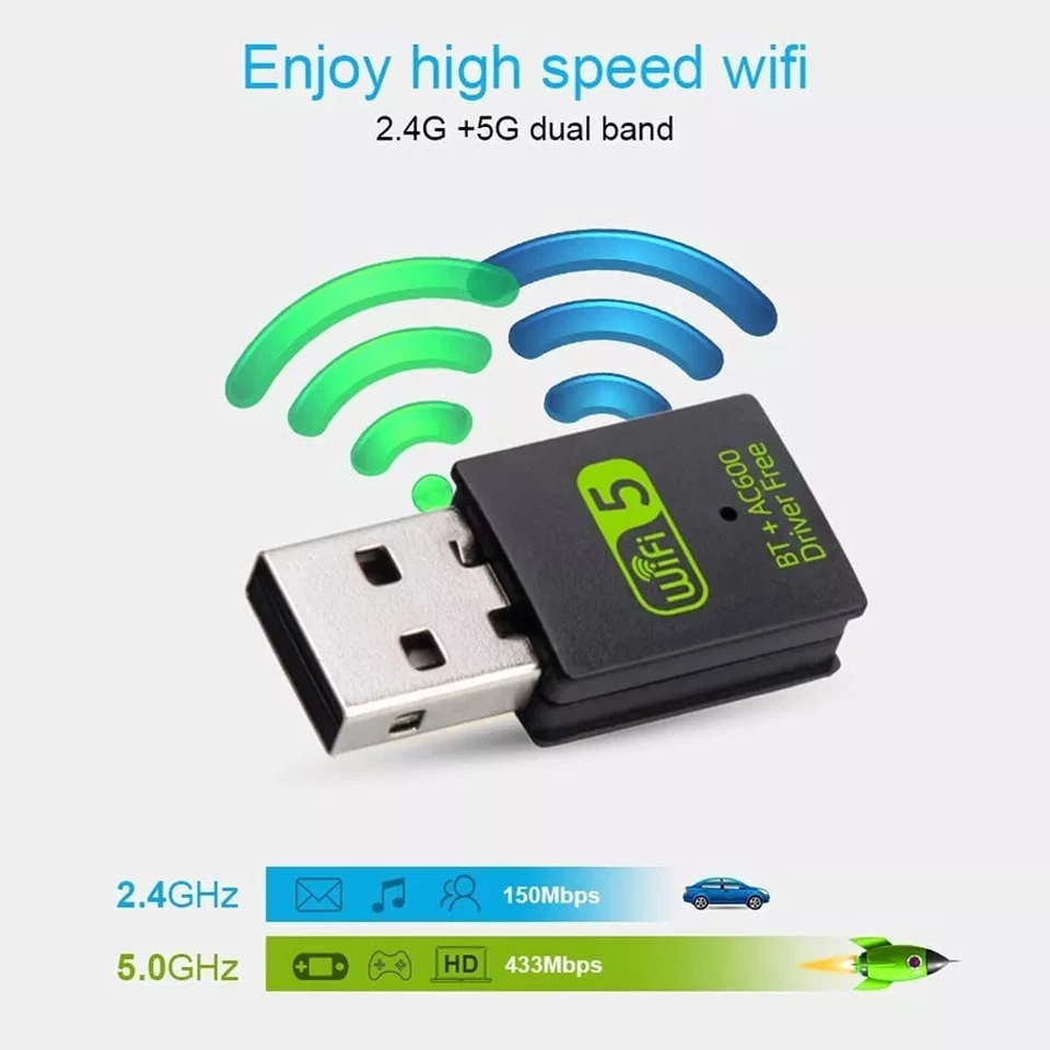 100PC 2in1 AC600 600Mbps  2.4G 5GMini USB WiFi Wireless + Bluetooth 5.0 Adapte1Z - Image 4 of 4