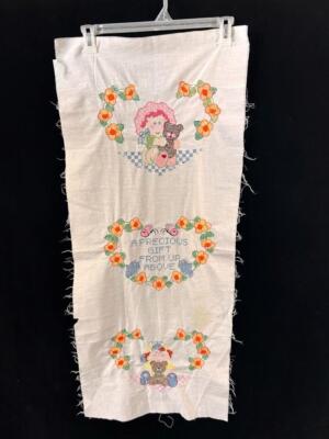3 pillow panel cross stitch embroidered unfinished edge girl boy baby bear 18x40