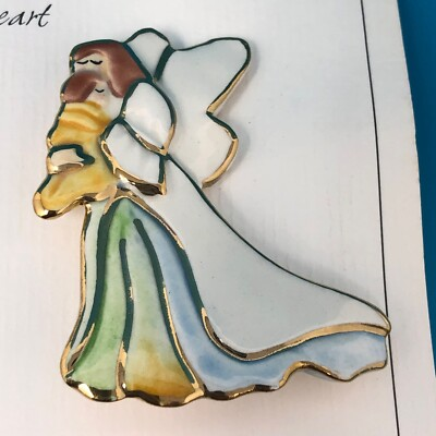 #ad #ad Art To Wear A.K Hinton Brooch Guardian Baby Angel Ceramic Pin 22K Gold Trim L46 $12.95