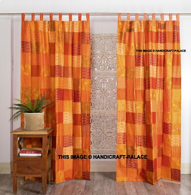 1 Pair Indian Old Sari Patchwork Drape Window Decor Orange Silk Saree Curtains
