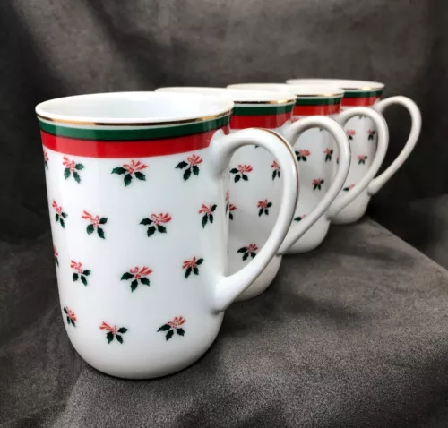 FOUR Vintage Lefton China Christmas Mugs Hand Painted Holly Cup #02376 NICE