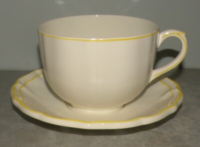 NEW Jumbo Breakfast Cup & Saucer , Filets Citron ( Yellow ) Hand Painted  GIEN