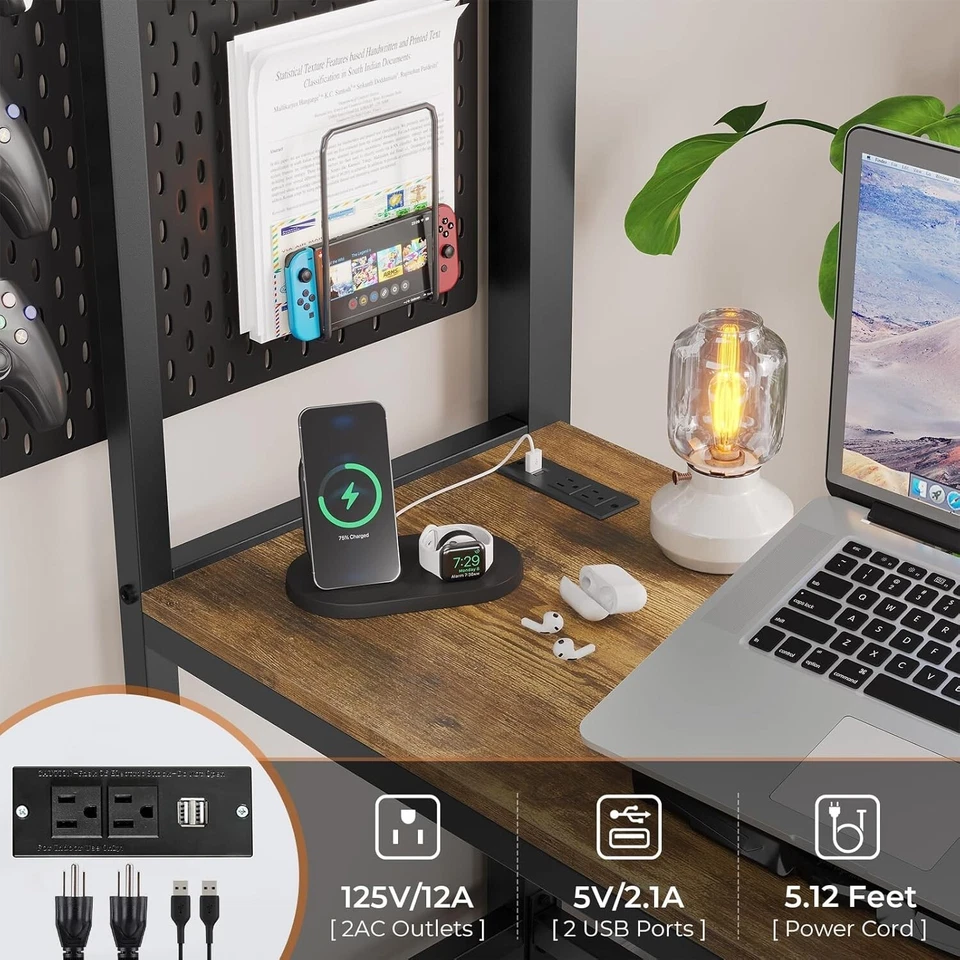 Cama tipo loft negra tamaño doble con estación de carga de escritorio luces LED estantes de almacenamiento Foto 3 de 4