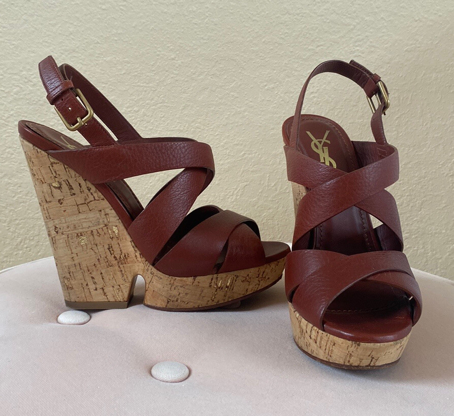 SAINT LAURENT Sandali Deauville marroni tacco a zeppa YSL Deauville $695 taglia US 6 EU 36