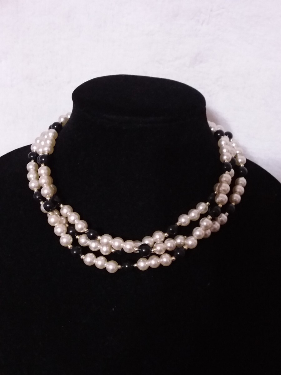 Vintage Multi Strand Black Off White Faux Pearls Bead Chocker