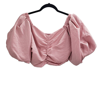 Day + Moon Boutique Pink Cropped Puff Sleeve Blouse Womens Medium Smocked Top 