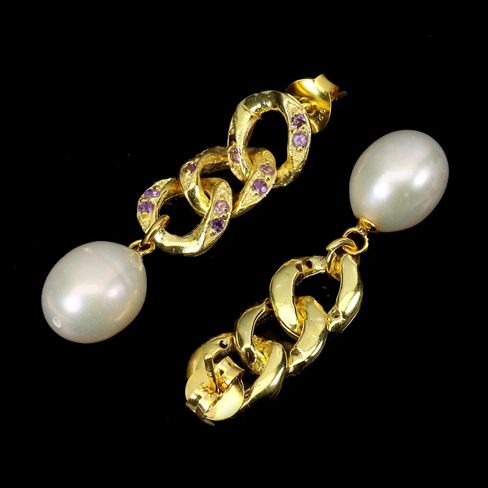 Orecchini In Argento Sterling 925 Rotondi In Amatista Viola Con Perla Gioiello - Immagine 3 di 4