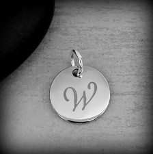 Stainless Steel Round Letter W Charm - Silver Cursive W Initial Disc Pendant