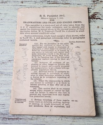 1941 Trainmasters Pamphlet   ICC Railroad Safety Rules Explosives Poison Gas WWI
