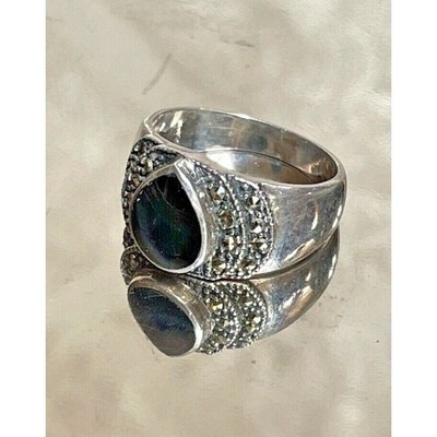 925 STERLING SILBER RING ONYX & MARKASITEN GRÖSSE 6 SKY