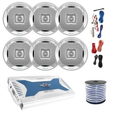 Pyle 6-Ch Marine Bluetooth Amplifier w/Kit, 6x 5.25" 400W Silver Speakers, Wire