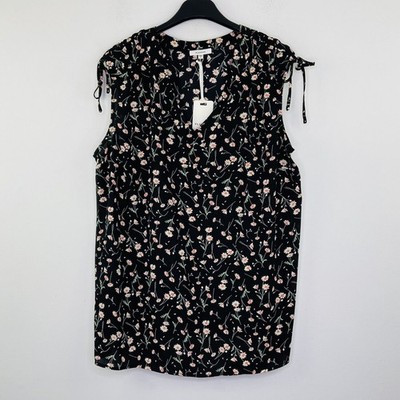 Pleione Women's 1X Tank Top Black Floral Ruched Tie Sleeveless V Neck NWT U24
