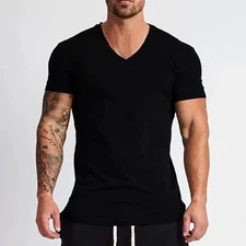 New Fashion V-Neck T-shirt Men Cotton Slim Fit Short Sleeve T Shirt Male Fitness