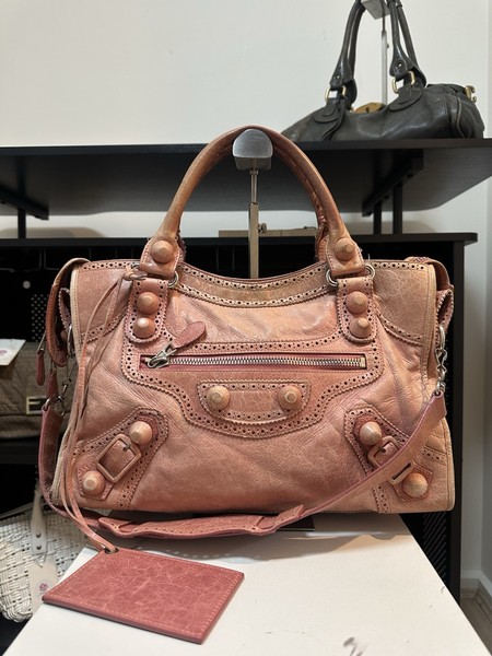 BALENCIAGA City Medium Pink Leather Studded Top Handle Zip Bag Strap Charm