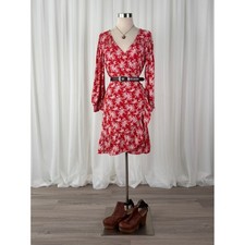 American Eagle Red Floral Wrap Dress Womens M Cottagecore Prairie Balloon Sleeve