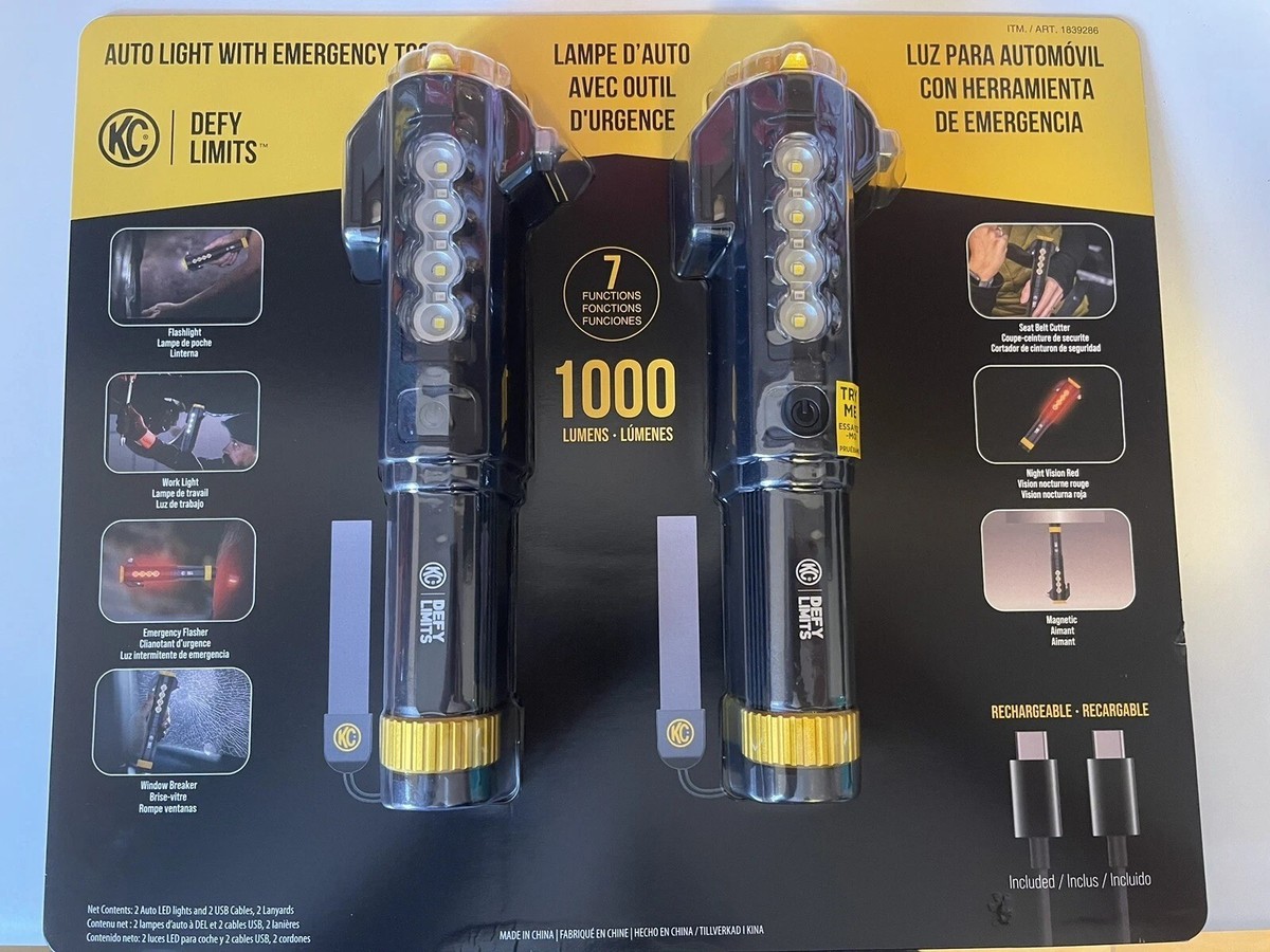 auto rechargeable emergency led flashlight KC Auto Light with Emergency Tool, 2 Pack 1000 Lumen Rechargeable  Flashlight Set