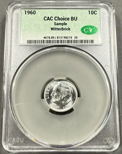 1960 Roosevelt Dime 10c - CACG BU - Witterbrick Sample Slab