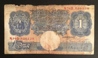 Banknote Of England One Pound Blue And Pink KO. Peppiatt. N74D. Circulated Cond.