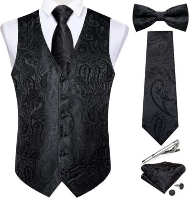 Men's Silk Paisley Vest 6PCS Pre-Tied Bow Tie Pocket Square Cufflinks Formal Wed