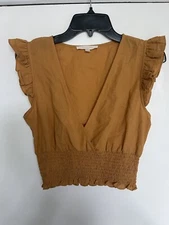 Grade & Gather Brown Ruffle Sleeve Blouse Top V Neck  Flutter Sleeve Sz Small