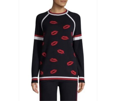 TSE Womens Cashmere Sweater Sz M Kiss Lips Long Sleeve NWT $495 Blue Red