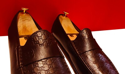 Men’s Original Gucci Print Brown Leather Loafers Gucci 730148 GG Brown Leather Driver Loafer Men main image 4