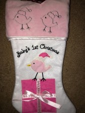 Baby's 1st Christmas Stocking Pink White Birds New 12" tall new