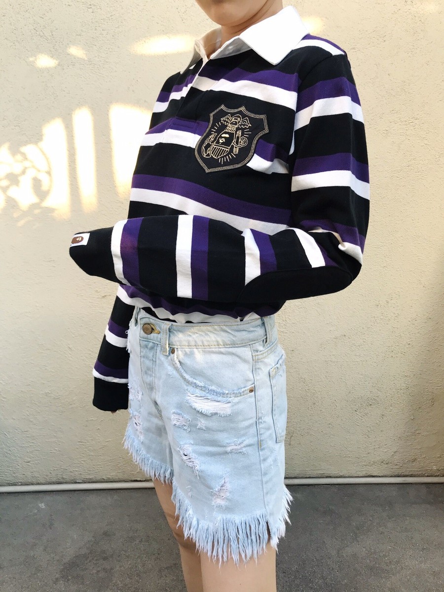 100% AUTH Bape Longsleeve Rugby Striped Ape Head Elbow Polo Shirt